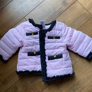 Girls coat pink shell coat with gold buttons and black ruffles 12months.